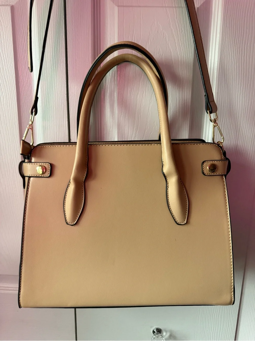 Structured Tan Tote Bag with Tassel Accent